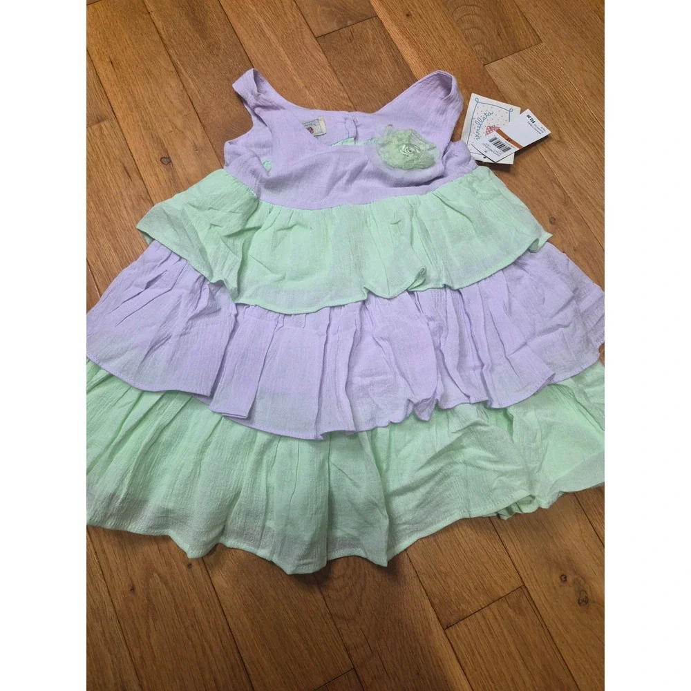 Marmellata Girls 3T Tiered Ruffle Cotton Gauze Dress Lilac Mint Green Bow NWT